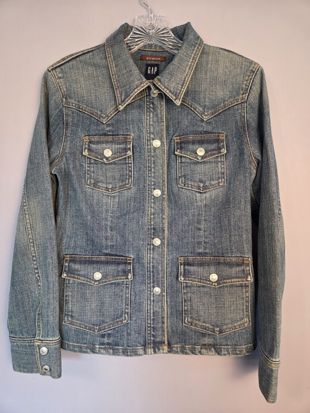 Vintage Y2K GAP Western Snap Button Stretch Denim Chore Trucker Jacket XS NWOT
